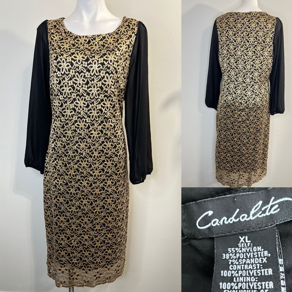 Candalite dress womens size XL gold black overlay sheer sleeve‎ midi